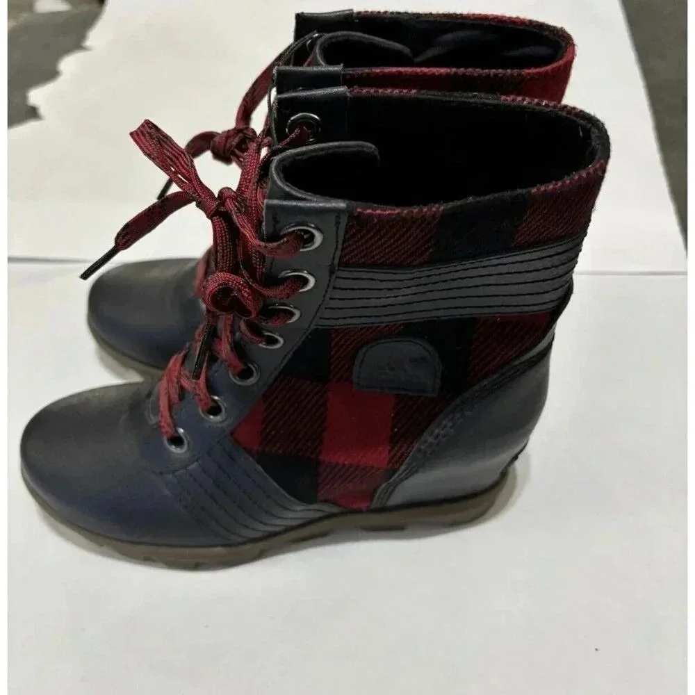 Sorel Lexie Wedge Buffalo Plaid‎ Ankle Booties Boots Girls Youth 5 Red Black NEW